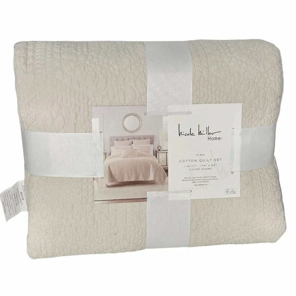 Nicole Miller Home Damask Floral Beige Cotton King Quilt Set With 2 King Shams